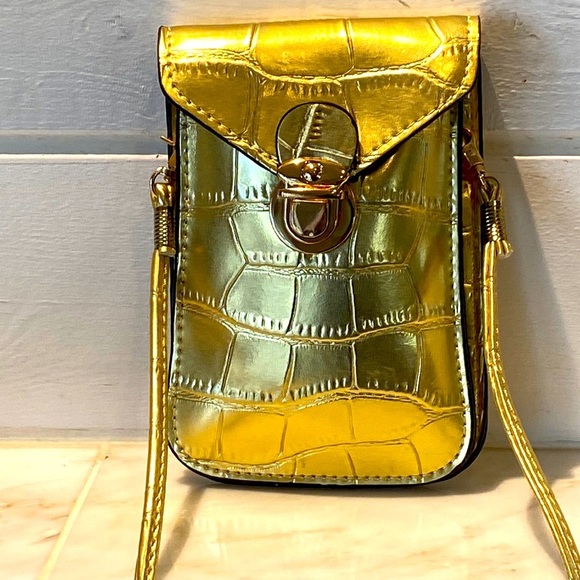 Gold Metallic Croc Embossed Faux Leather Mini Crossbody Bag EUC - Picture 2 of 9